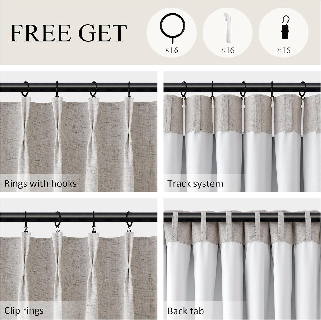 Boodii Beige 100% Blackout Linen Pinch Pleated Curtains 108 Inches Long 2 Panels Full Black Out Farmhouse Boho 9 Ft Thermal Insulated with…