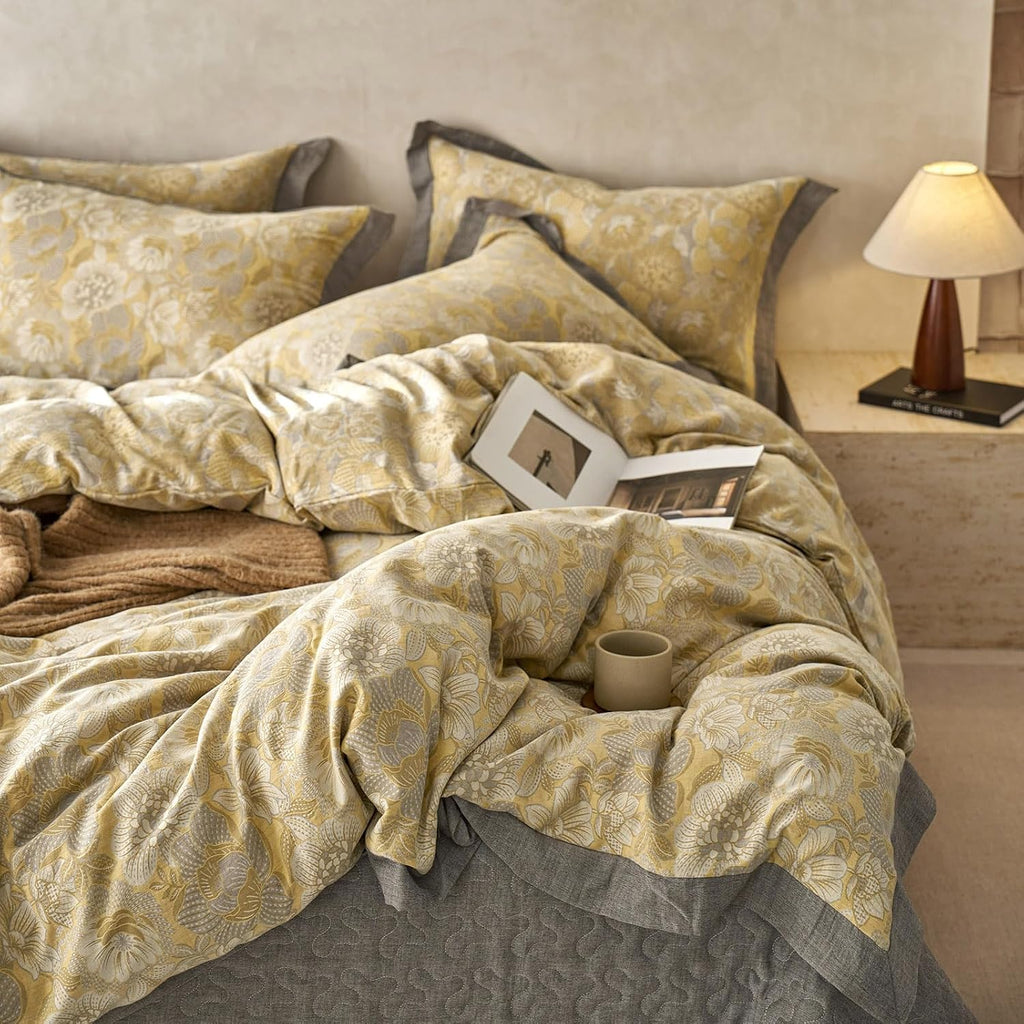 mixinni Duvet Cover King, Cotton Double-Layer Yarn Golden Floral Jacquard Reversible Grey Comforter Cover with Edge Design, Farmhouse Beddi…