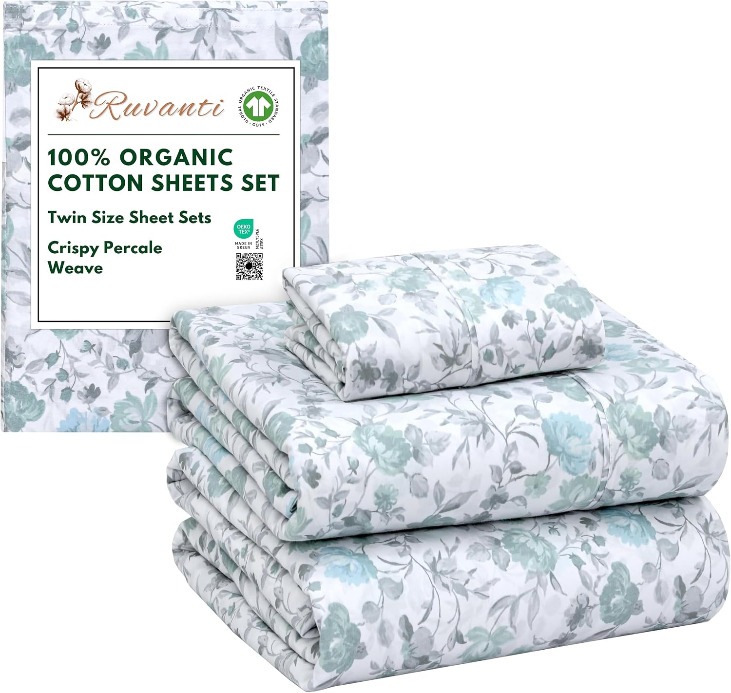 Ruvanti 100% Cotton Organic Percale Sheets Twin Size – Crisp Cooling Bed Sheets for Hot Sleepers, Deep Pocket 15”, Soft Peach Finish, Breat…