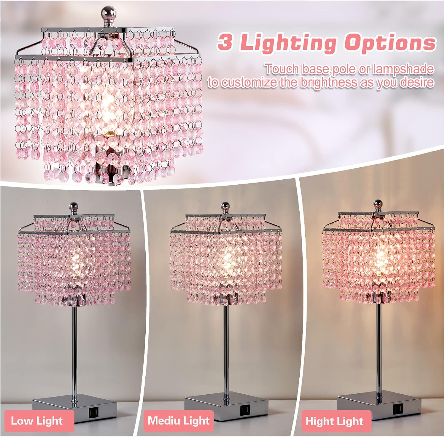 Luvkczc Crystal Touch Table Lamp, Bedside Lamp with USB C+A Ports, Pink Lamp, Dimmable Lamp with Crystal Shade, Nightstand Lamp for Girl…
