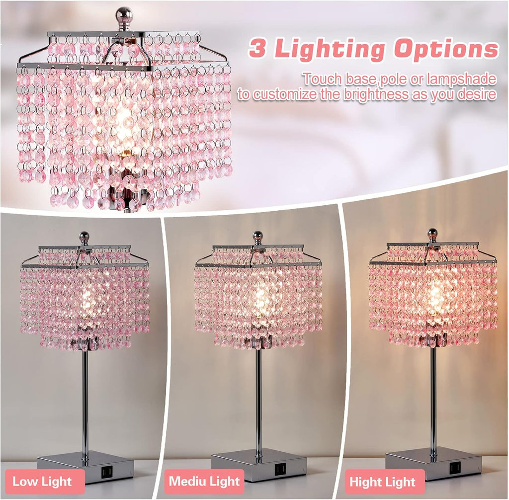 Luvkczc Set of 2 Bedside Pink Crystal Table Lamp, Touch Control Crystal Lamp, Dimmable Lamp for Bedroom, Girl Living Room, 6W B11 Bulb…