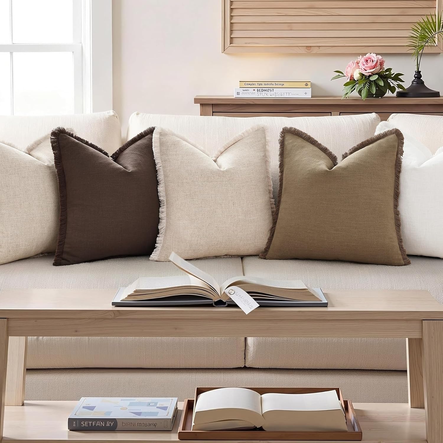 decorUhome Summer Decorative Neutral Linen Fringe Throw Pillow Covers Set of 2 Chocolate Pillow Covers with Tassels Soft Farmhouse Boho Acc…