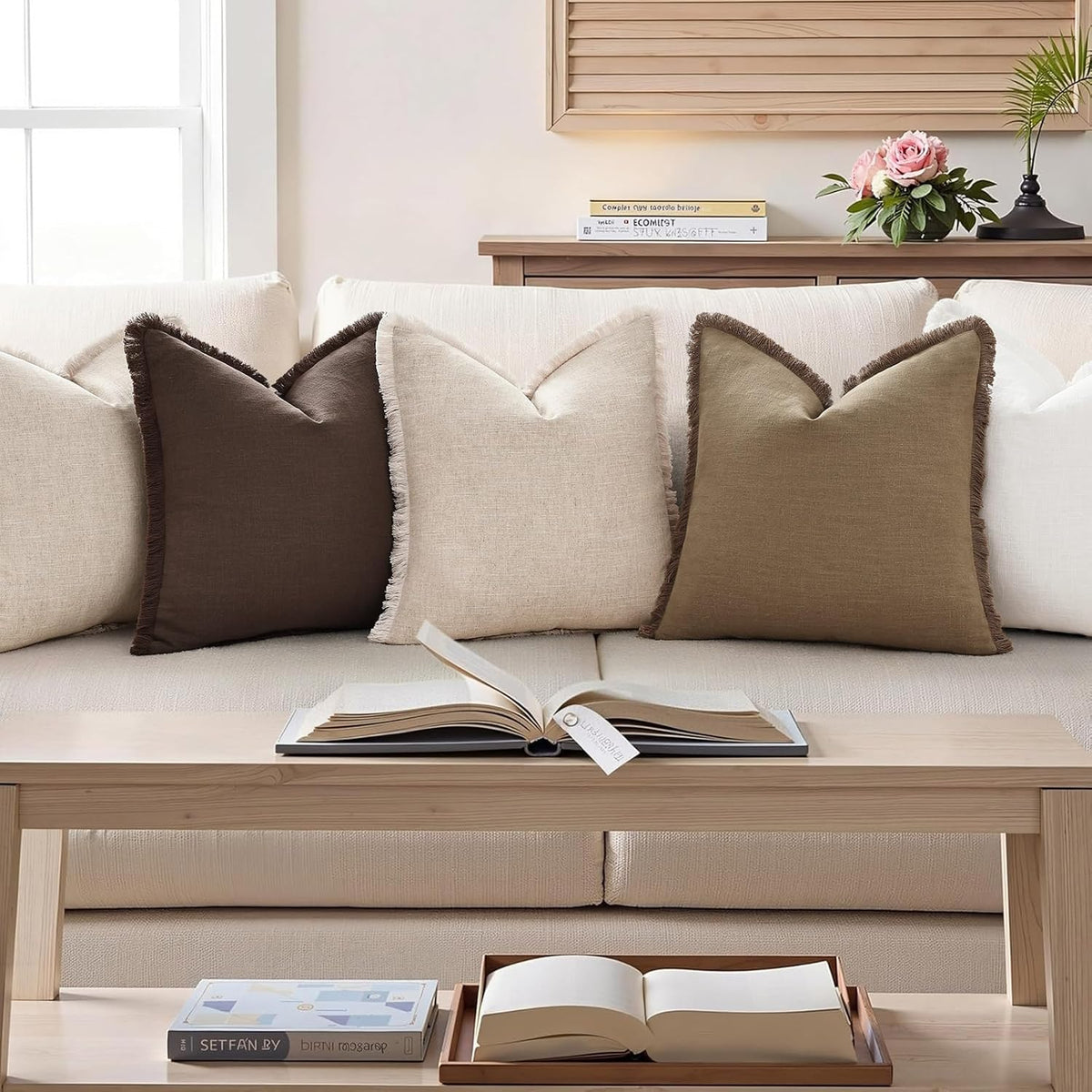 decorUhome Summer Decorative Neutral Linen Fringe Euro Sham Throw Pillow Covers Set of 2 Chocolate Pillow Covers with Tassels Soft Farmhous…