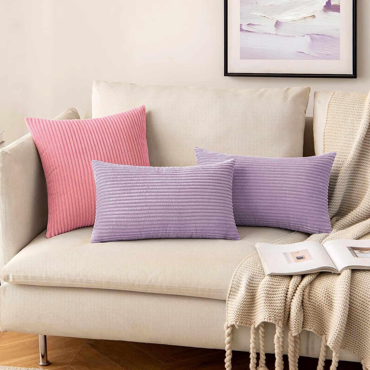 Miulee Pack of 2 Corduroy Pillow Covers Soft Solid Cushion Cases Decorative Boho Square Throw Pillow Covers Lavender Neutral Pillowcases fo…
