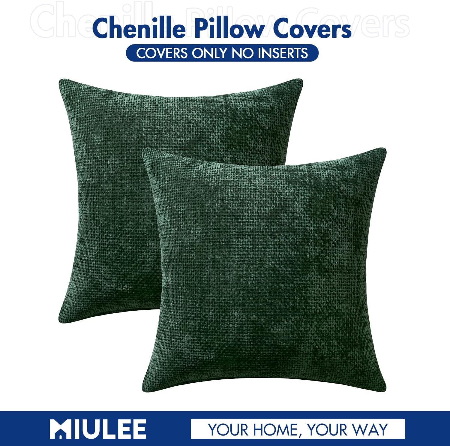 Miulee Pack of 2 Green Couch Throw Pillow Covers 20x20 Inch Modern Boho Accent Decorative Pillow Covers Soft Chenille Farmhouse Cushion Cov…