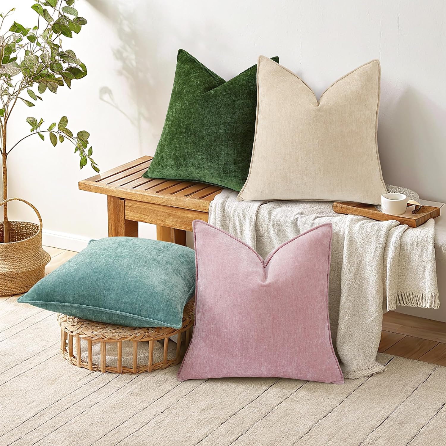 decorUhome Summer Couch Euro Sham Throw Pillow Covers 24x24 Set of 2, Decorative Soft Velvet Modern Cozy Chenille Pillow Cases with Elegant…