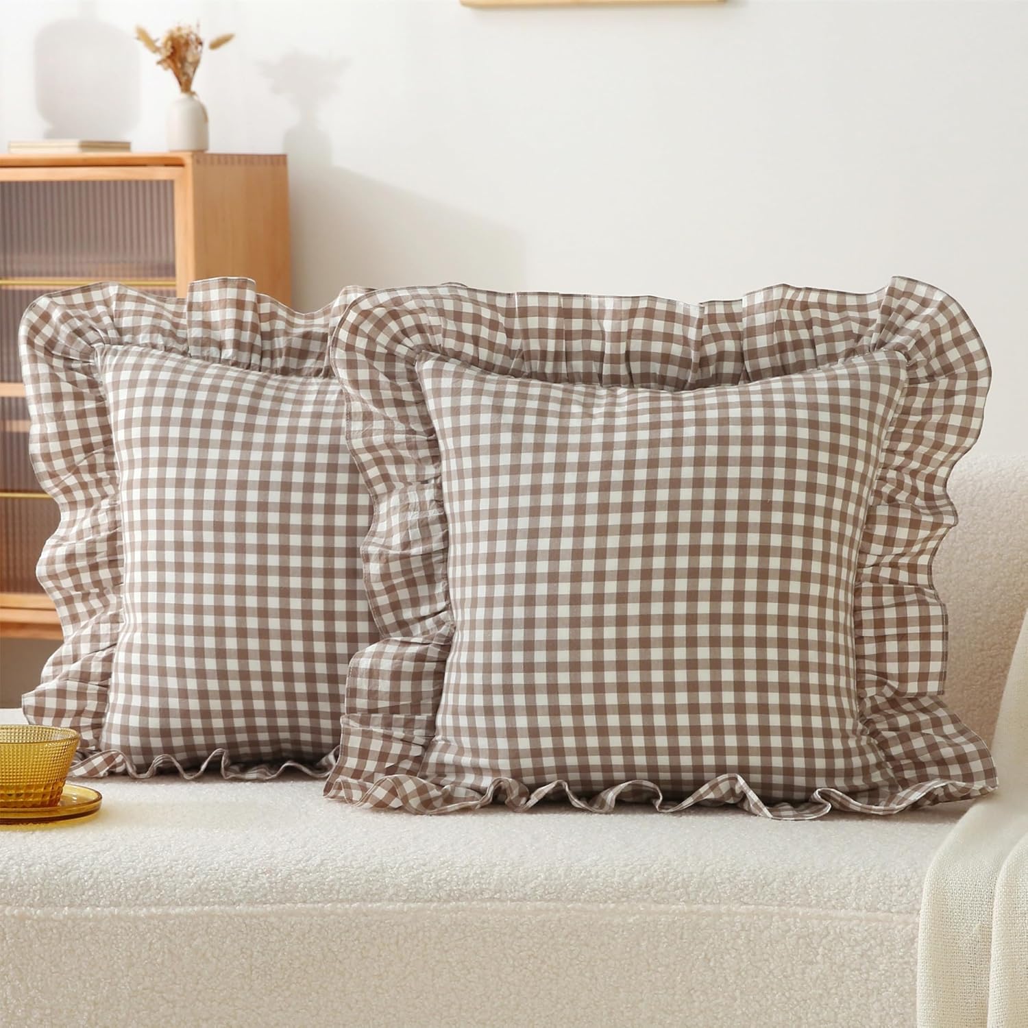 Jilboo Gingham Pillow Covers (2 Pack) - 22 x22 Inches Warm Taupe/White Plaid, 100% Washed Cotton Vintage Ruffle Decorative Throw Pillowcase…