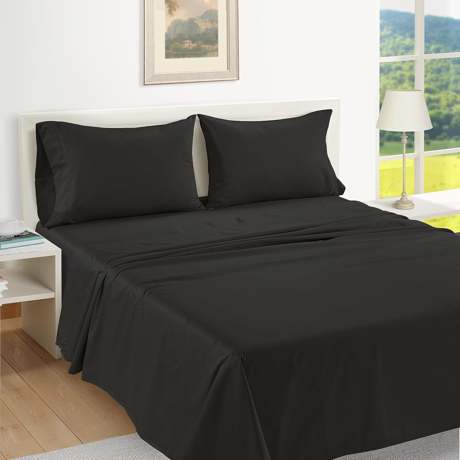 LaneLinen LANE LINEN Pillows Queen Size Set of 2, Soft 100% Egyptian Cotton, Cool & Smooth Pillow Cases - Black Cotton Black
