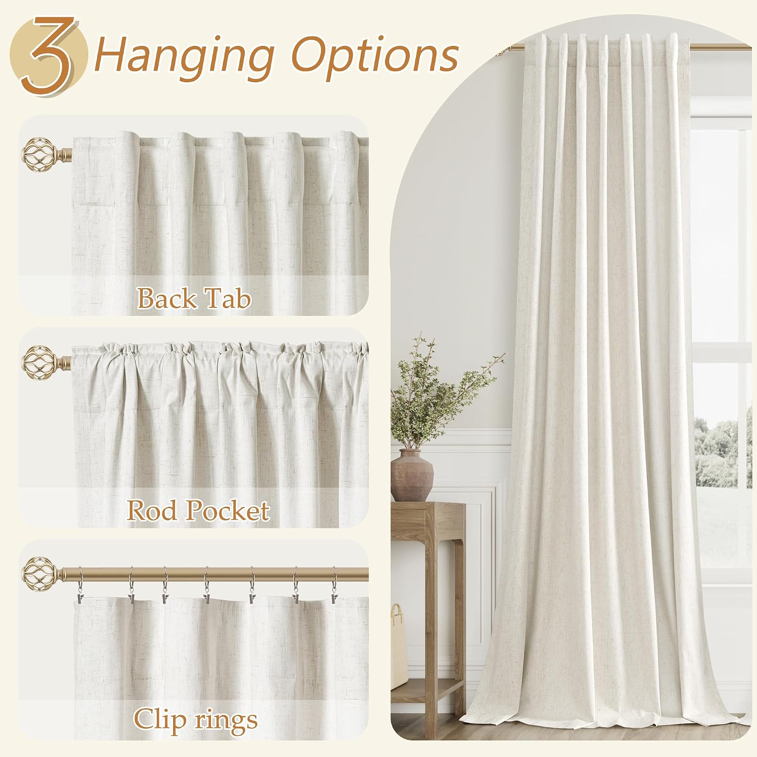 Guken Cream 100% Blackout Linen Curtains 132 Inch Length 2 Panels Set for Living Room Bedroom Back Tab Thermal Insulated Black Out Drapes R…