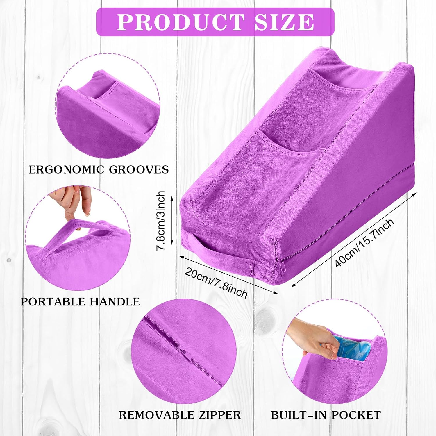 Buryeah Violet Arm Elevation Pillow with 2 Pockets, Soft Ergonomic Support Pillow for Elbow Rest Wedge Broken Arm Elbow Gifts with High Den…