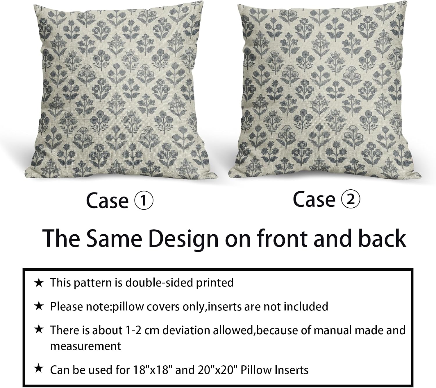 Dusty Blue Floral Pillow Covers 16x16 Inch Set of 2, Vintage Flower Block Print Pattern Decorative Throw Pillowcases Outdoor Farmhouse…