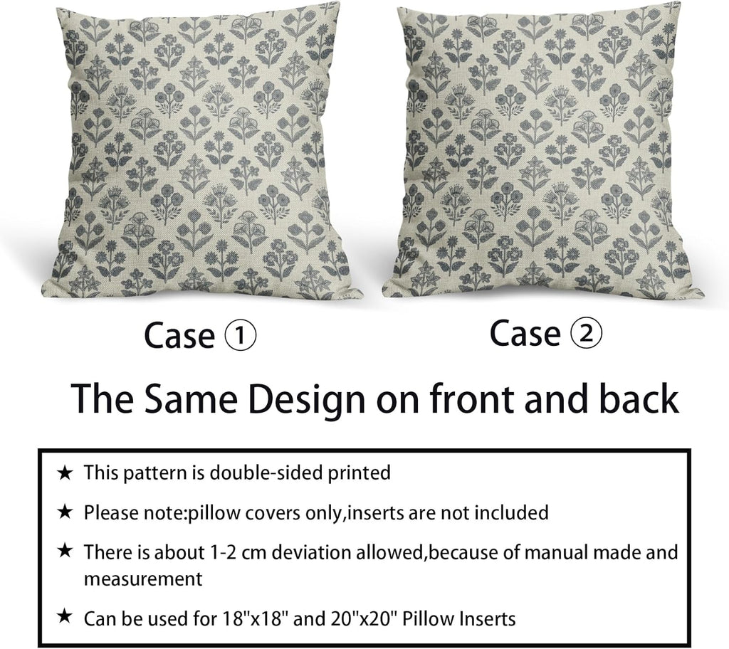 Dusty Blue Floral Pillow Covers 18x18 Inch Set of 2, Vintage Flower Block Print Pattern Decorative Throw Pillowcases Outdoor Farmhouse…