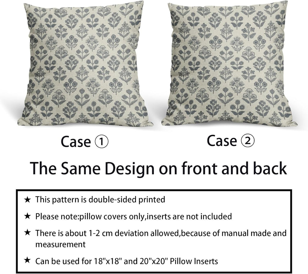 Dusty Blue Floral Pillow Covers 20x20 Inch Set of 2, Vintage Flower Block Print Pattern Decorative Throw Pillowcases Outdoor Farmhouse…