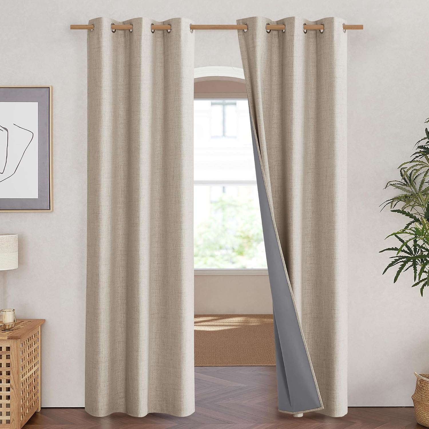 NICETOWN Oatmeal Vintage Open Linen Weave Flax Thermal Curtains, 100% Blackout Curtains 90" Long for Dining Room, Soundproof Window…