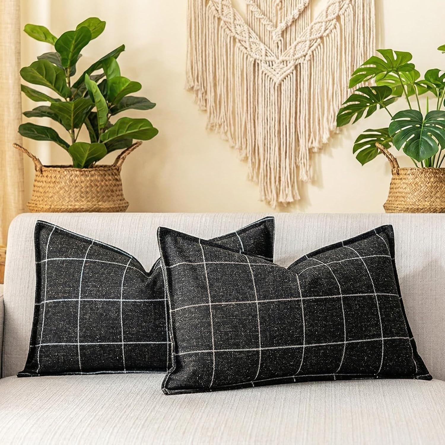 Black 12x20 Pillow Cover, Boho Plaid Lumbar Pillow Covers 12x20 Set of 2, Black and White Woven Checkered Decorative Throw Pillows 12 x…