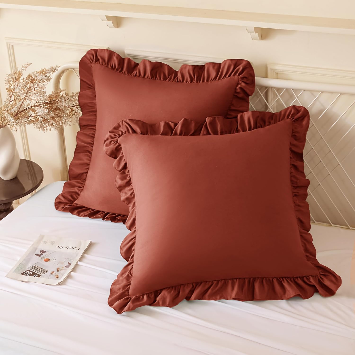 KKJIAF Ruffle Pillow Cases 24x24 Inches, Dusty Orange Square Ruffled Pillow Covers Set of 2, Microfiber Wrinkle Resistant Pillow Shams…