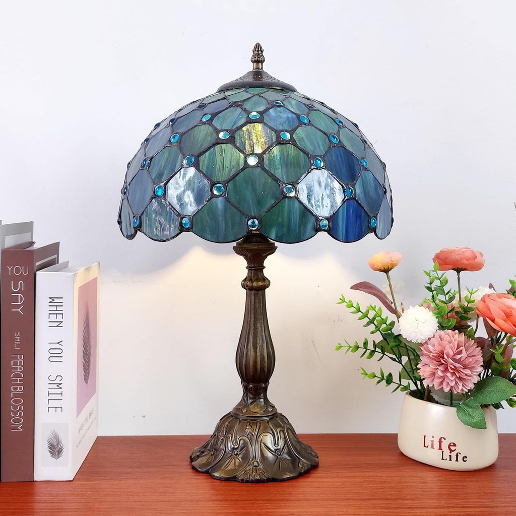 Tiffany Table Lamp Stained Glass Antique Bedside Nightstand Lamp Blue Pearl Style Small Antique Desk Light for Bedroom Living Room Home…