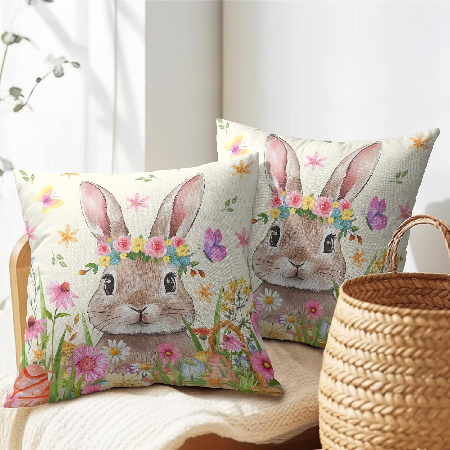 Easter Rabbit Throw Pillow Covers 16x16 Inch Set of 2 Cute Bunny Cotton Linen Square Cushion Case Spring Colorful Floral Easter Theme…