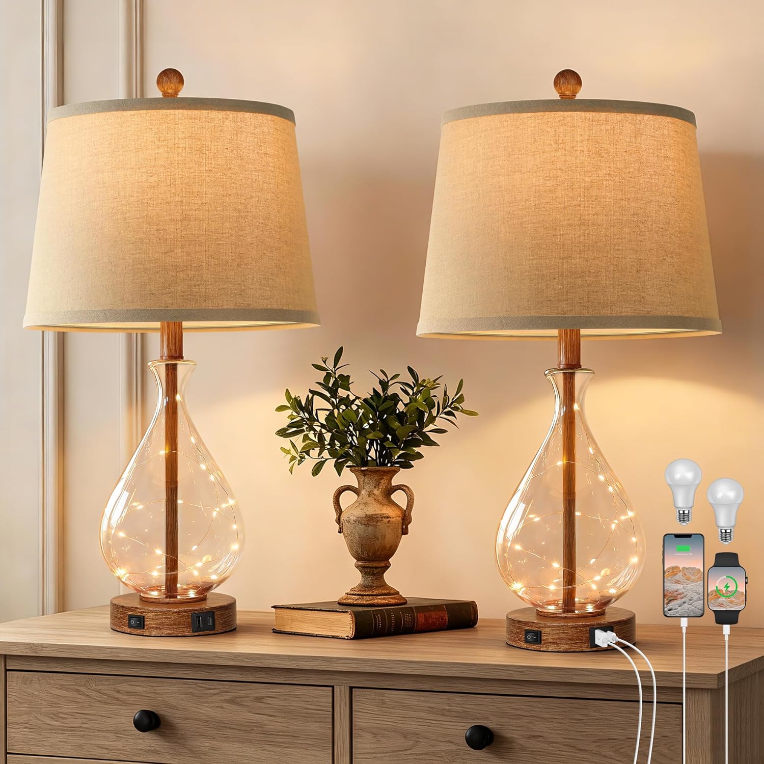 QiMH Farmhouse Table Lamps Set of 2 with Night Light, Mid Century Modern Bedside Lamps for Living Room, Glass Nightstand Lamp with USB…