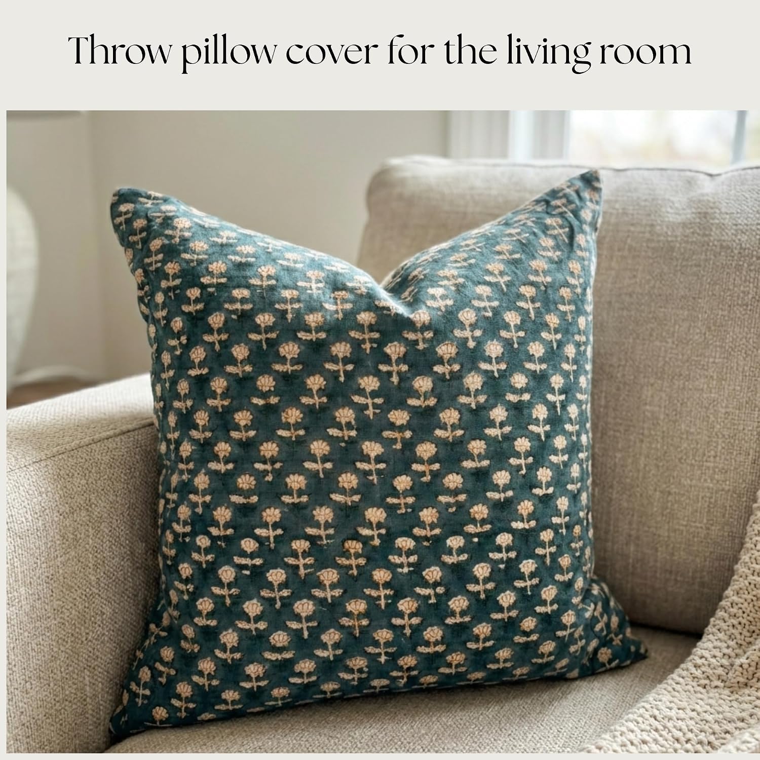 LineandLoop Linen Blue Throw Pillow Covers 20x20 inch Floral Pillows Spring Decorative Pillow Covers for Living Room, Bedroom 2 inches cott…