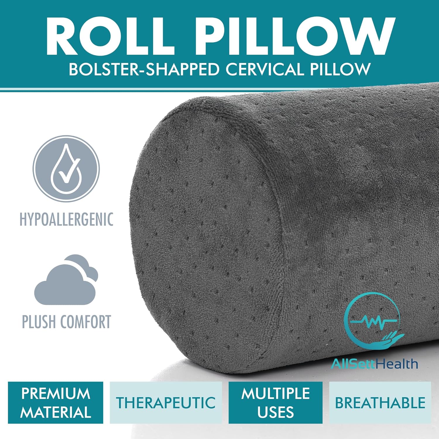 AllSettth AllSett th Round Cervical Roll Cylinder Bolster Pillow with Removable Washable Cover, Ergonomically Designed for Head, Ne…