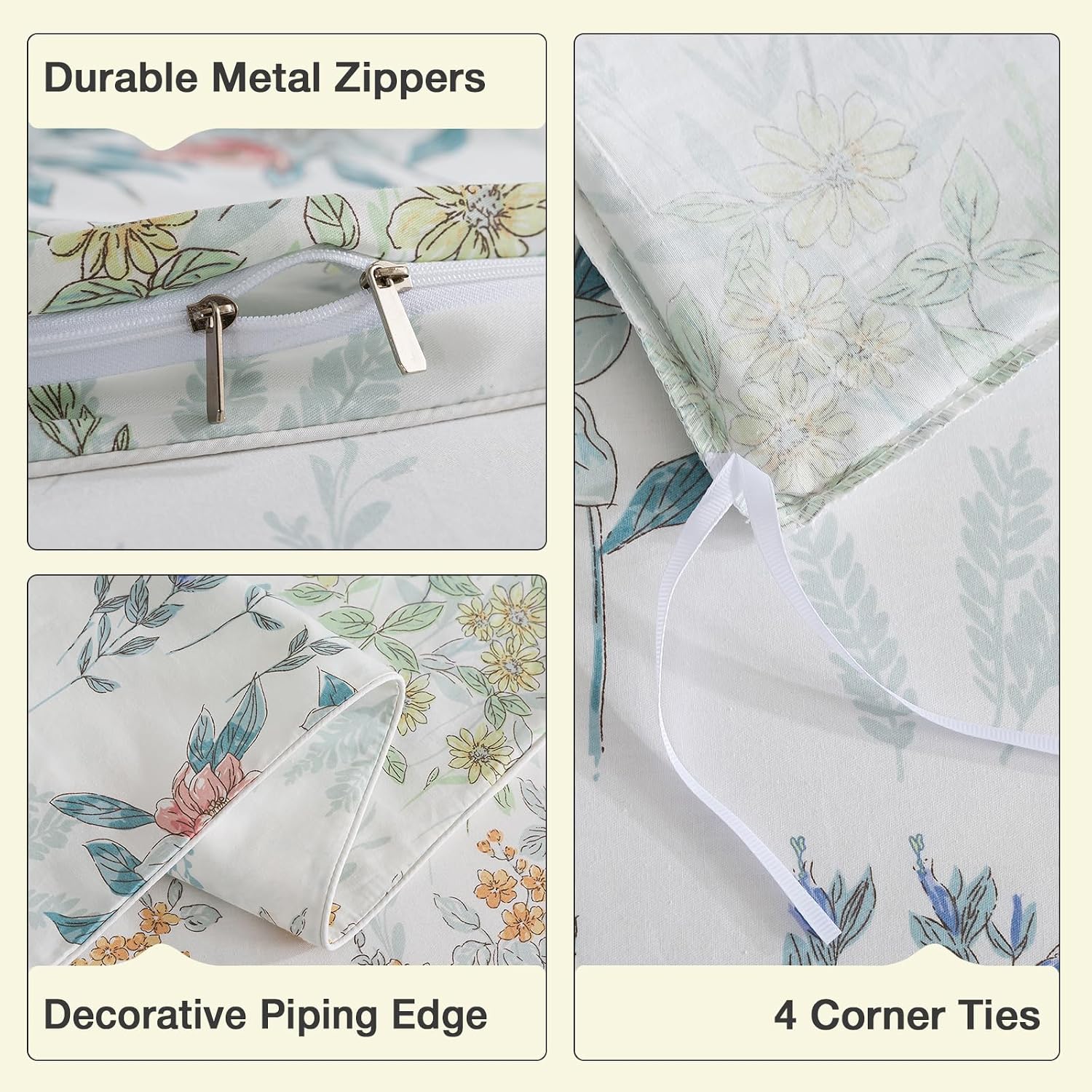 Puralens White Queen Floral Duvet Cover, Shabby Leaf Chic 100% Cotton Percale Duvet Cover Set with Zipper, Flower Patterned Farmhouse Toile…