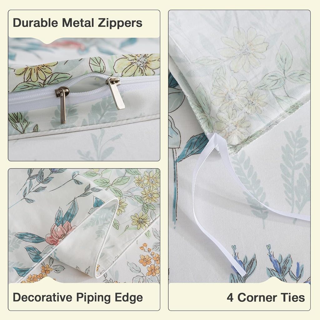Puralens White King Floral Duvet Cover, Shabby Leaf Chic 100% Cotton Percale Duvet Cover Set with Ties, Flower Patterned Cottage Toile Bedd…