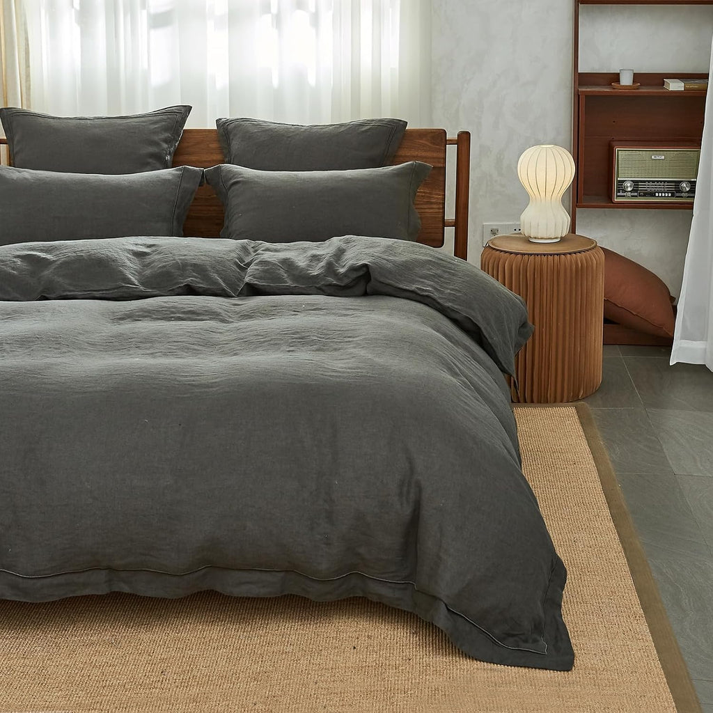 Simple&Opulence 100% Washed Linen Duvet Cover with Embroidered, 3 Pieces Soft Farmhouse Comforter Set with Button Closure,1…
