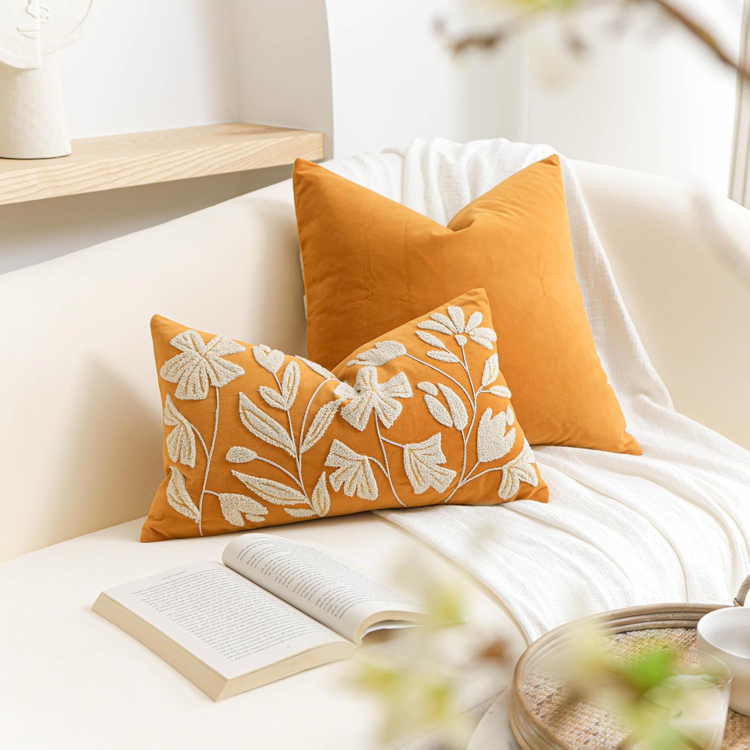 BlissBlush 12x20 Lumbar Pillow Cover, Mustard Yellow Rectangular Decorative Throw Pillowcase for Couch Sofa, Floral Tufted Embroidered…