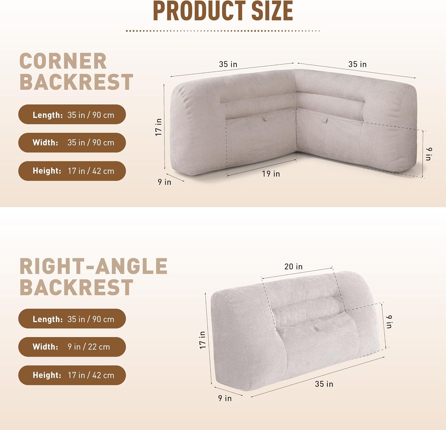 Reading Pillow for Couch, Bed Rest Back Pillow with Front Pocket, Comfortable Back Pillows for Sitting in Bed, Daybed, Living Room, Tatami