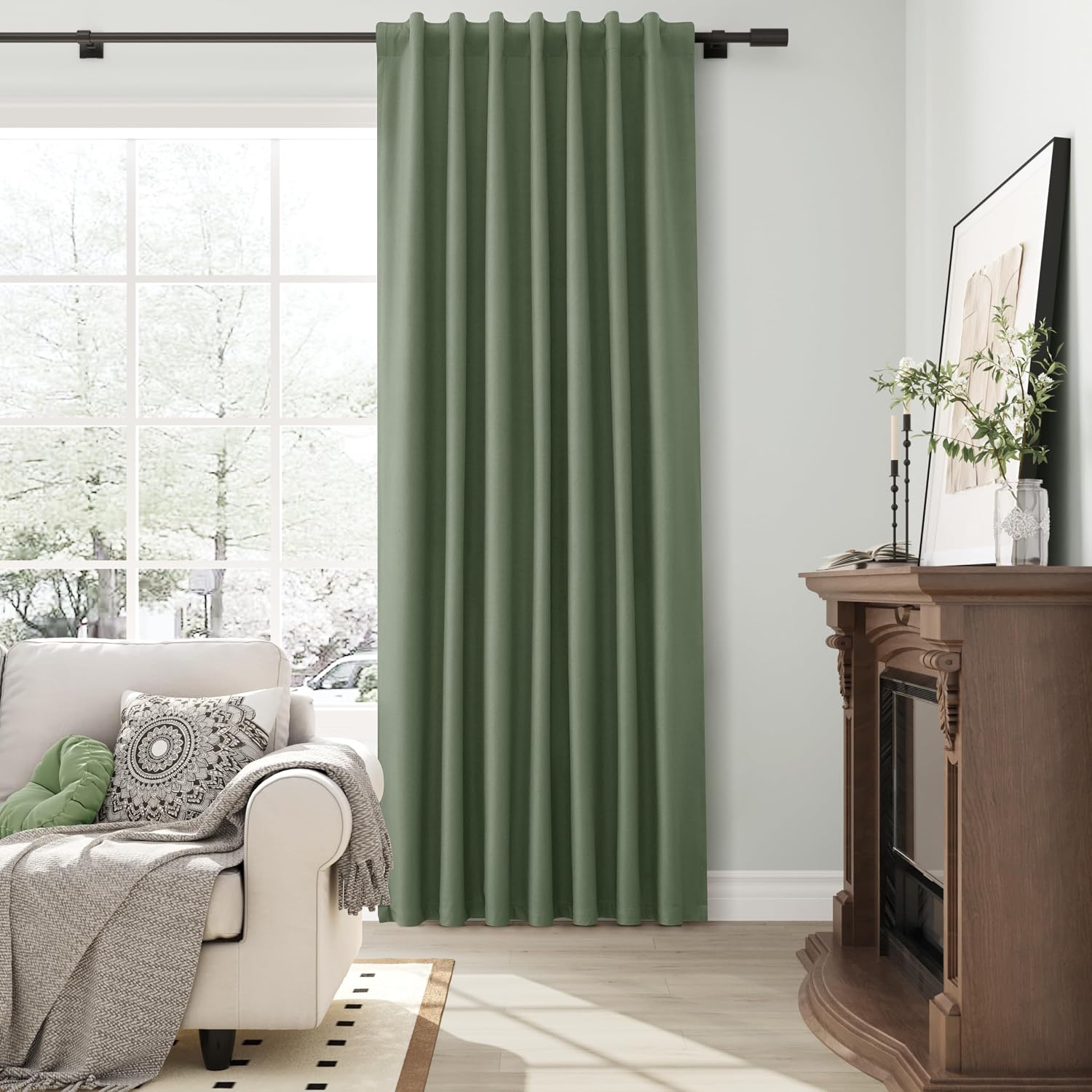 Guken Olive Green 100% Blackout Linen Textured Curtains 92 Inches Long 2 Panels Set Room Darkening Curtains for Bedroom Living Room Back Ta…