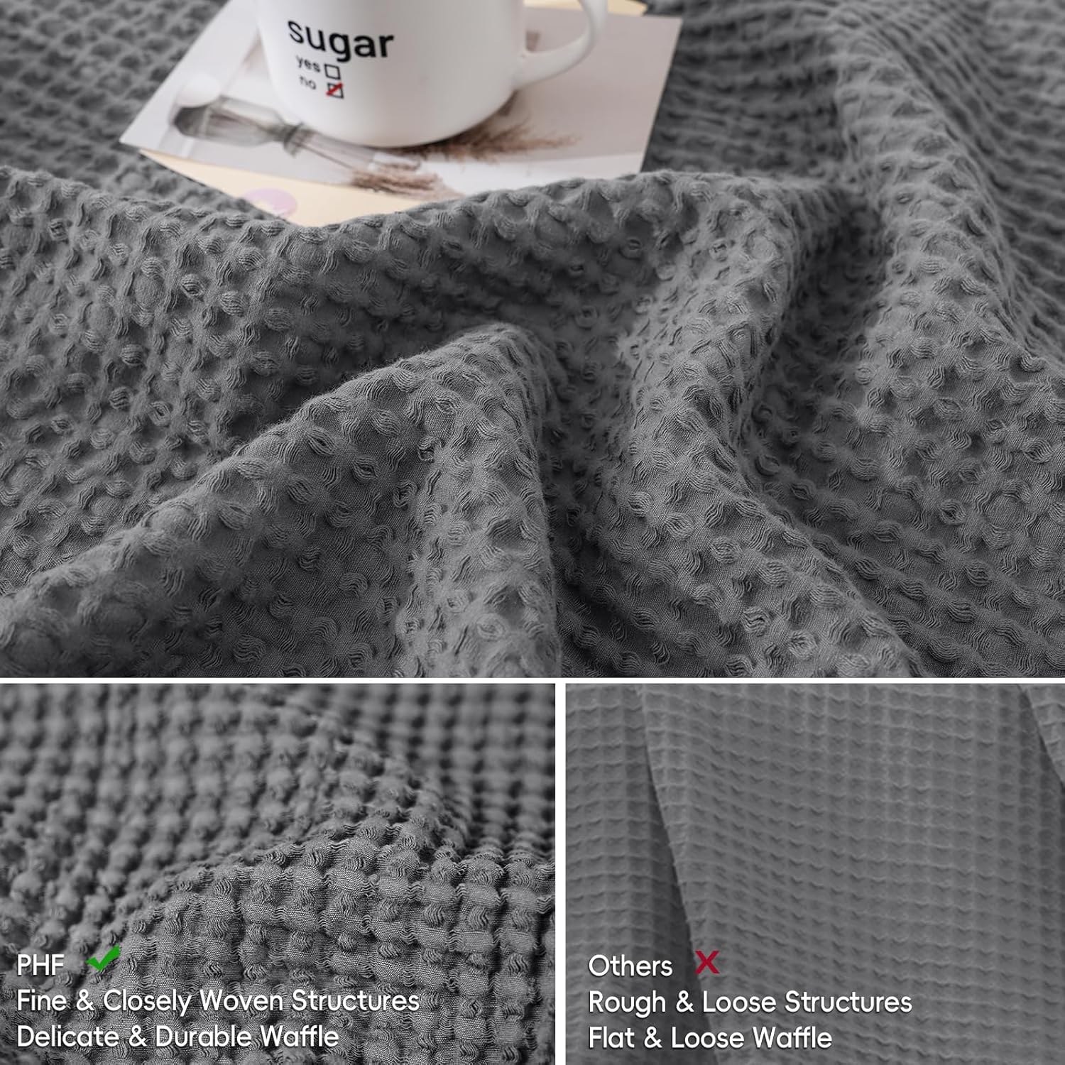 Phf 100% Cotton Waffle Weave Throw Pillow Cover, 24" x 24", No Filling, 2 Pack Elegant Home Decorative Square Throw Pillow Covers for Bed C…