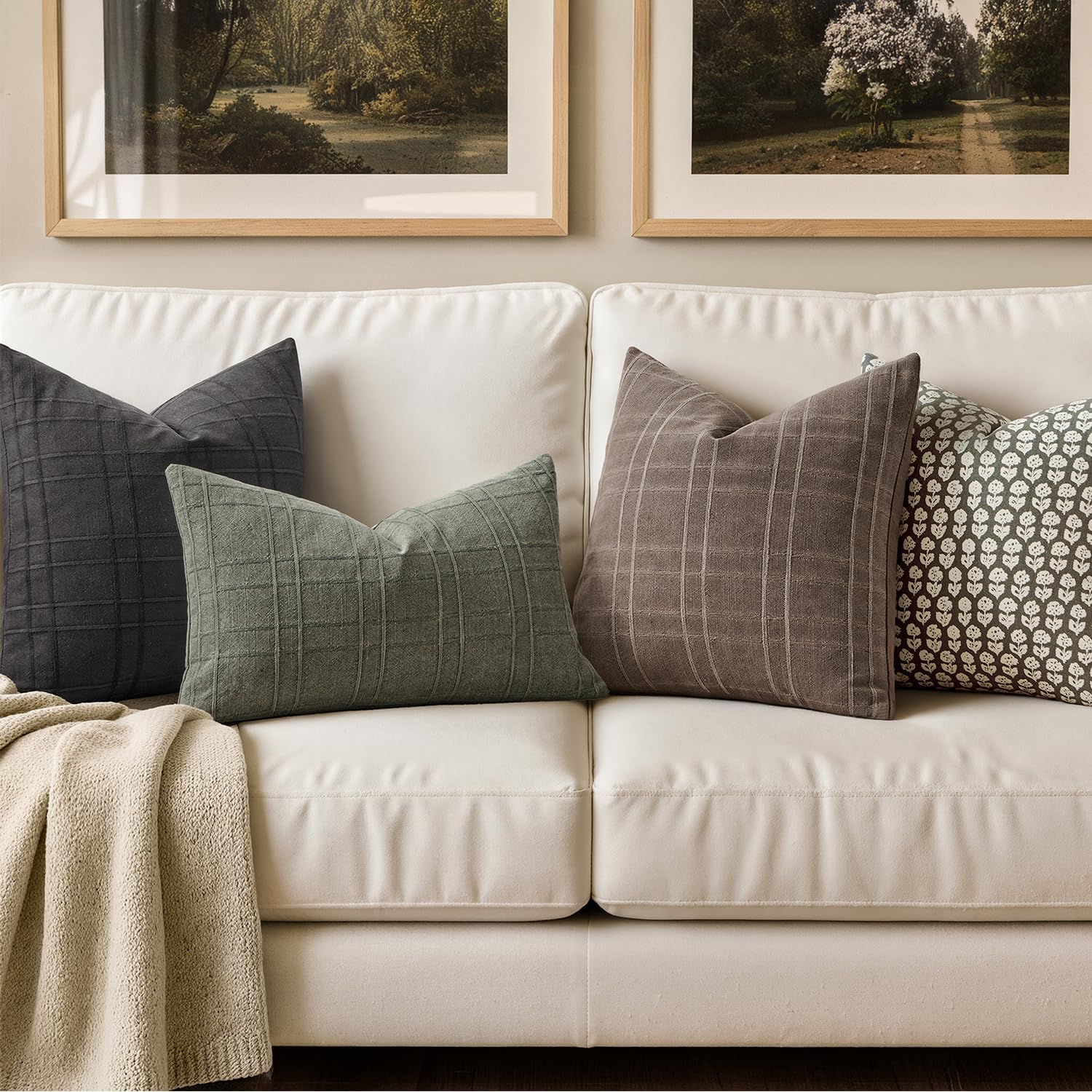 Miulee Decorative Linen Check Throw Pillow Covers Neutral Farmhouse Vintage Pillow Covers 20x20 Set of 2 Boho Modern Winter Home Decor for…