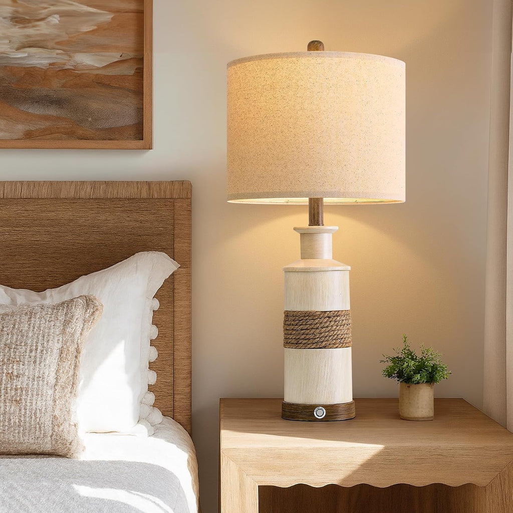 BOBOMOMO 24.5" Farmhouse Boho Table Lamps Set of 2, Hand-Woven Rattan Bedside Lamps with 3-Way Dimmable Touch Control & USB A+C Ports…