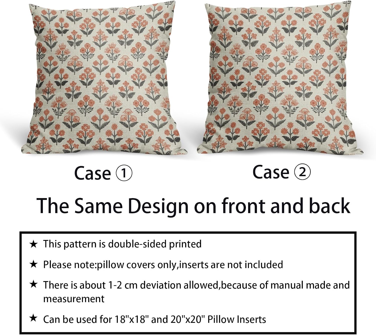 Orange Black Floral Pillow Covers 22x22 Inch Set of 2, Vintage Flower Block Print Pattern Decorative Throw Pillowcases Outdoor Farmhouse…