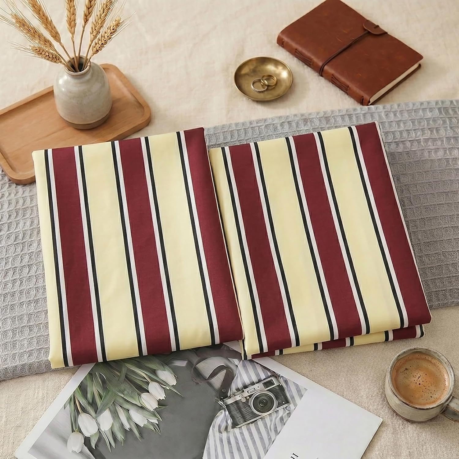 Merryword 100% Cotton Pillow Cases, Queen Size Pillowcases, Burgundy & Cream Striped Pillowcases, Luxury Linen Like Pillowcase, Soft Breath…