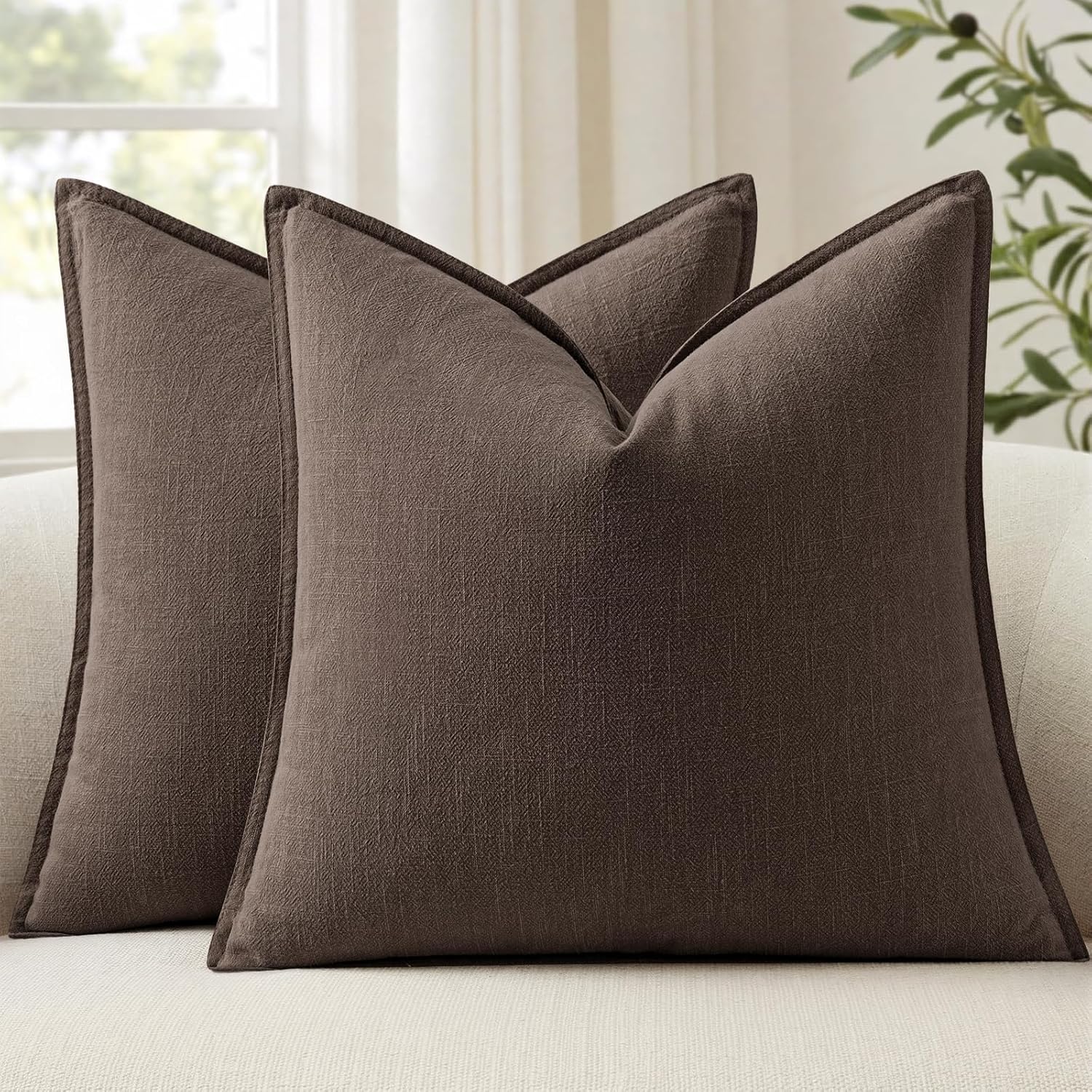 Anroduo Pack of 2 Decorative Linen Pillow Covers Mocha Brown Neutral Farmhouse Boho Soild Cushion Case Soft Accent Pillowcase for Couch Sof…