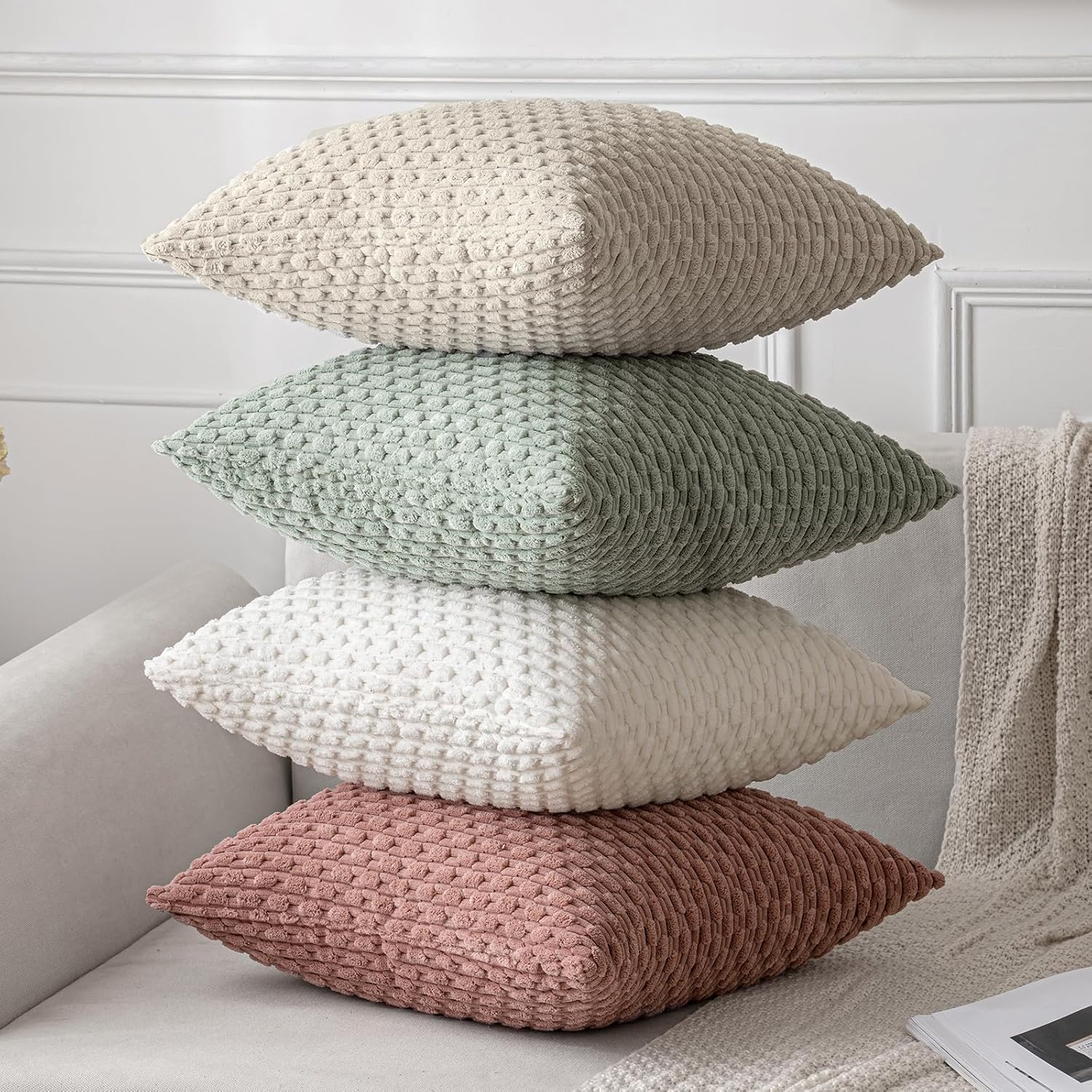 Miulee Pack of 2 Decorative Throw Pillow Covers 20x20 Inch Soft Boho Striped Textured Corduroy Pillow Covers Modern Farmhouse Home Decor fo…
