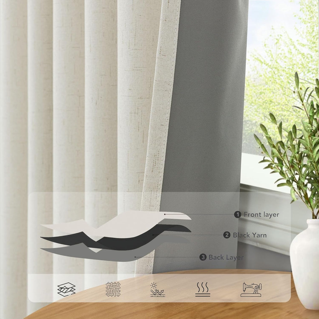 Pitalk 100 Percent Blackout Sliding Glass Door Curtains 120 Inches Long 2 Panels 10 Foot ft Floor to Ceiling Drape Cotton Linen Textured Dr…