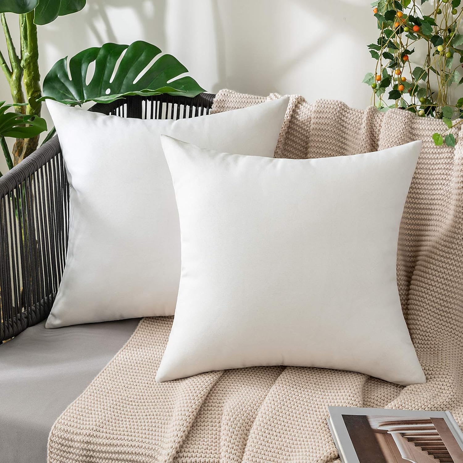 Miulee Pack of 2 Decorative Outdoor Solid Waterproof Throw Pillow Covers Faux Linen Garden Farmhouse Cushion Cases for Patio Tent Balcony C…