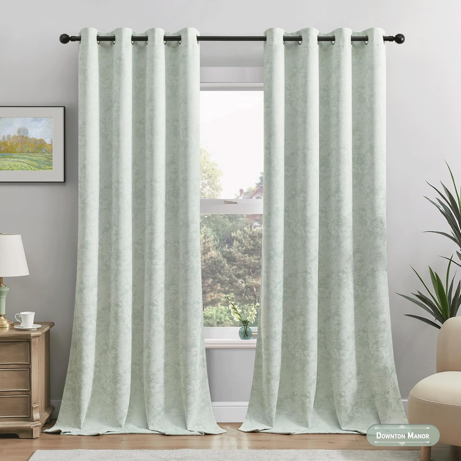 Beauoop Green Floral Jacquard Blackout Curtains 84 Inches Long 2 Panels for Bedroom Living Room Sage Flower Chenille Room Darkening…