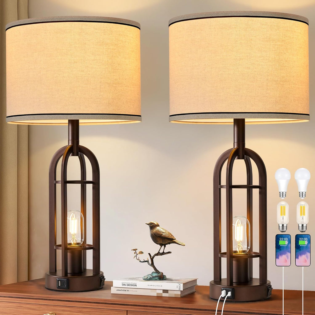SRJJA Farmhouse Table Lamps for Living Room Bedroom Set of 2 - Rustic Industrial Bedside Lamps for Night Stands with USB A+C, 24" Vintage…