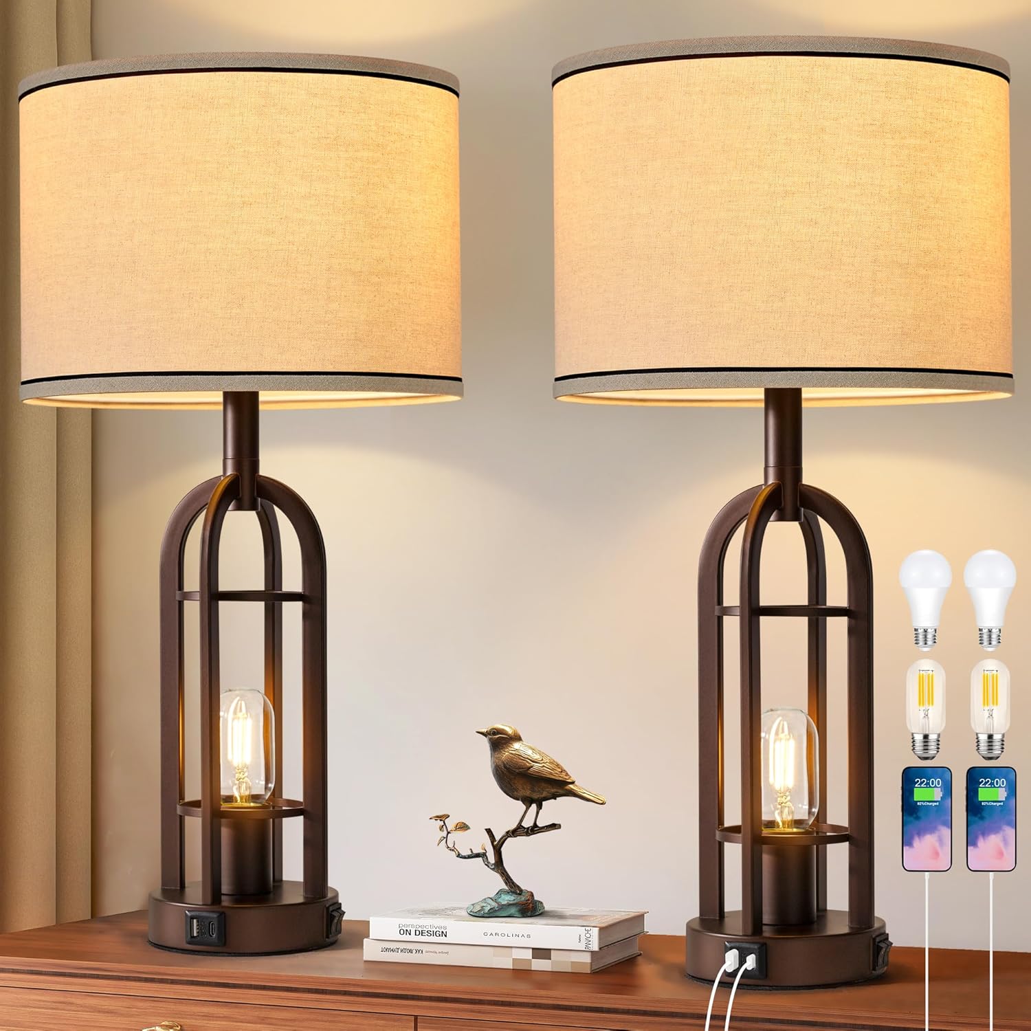 SRJJA Farmhouse Table Lamps for Living Room Bedroom Set of 2 - Rustic Industrial Bedside Lamps for Night Stands with USB A+C, 24" Vintage…