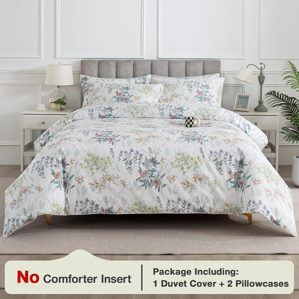Puralens White Queen Floral Duvet Cover, Shabby Leaf Chic 100% Cotton Percale Duvet Cover Set with Zipper, Flower Patterned Farmhouse Toile…
