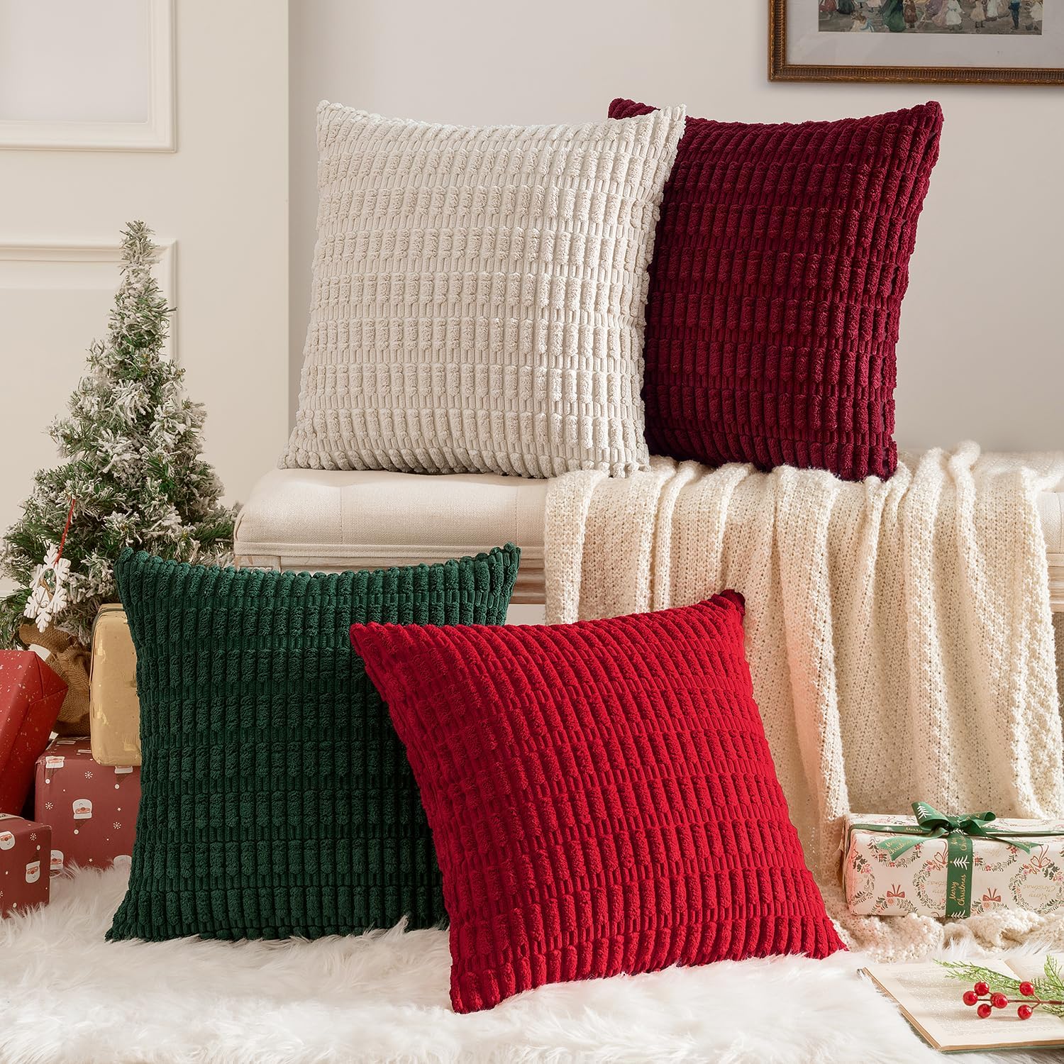Miulee Pack of 4 Christmas Boho Farmhouse Red and Green Corduroy Decorative Throw Pillow Covers 18x18 Inch Retro Soft Striped Pillow Covers…