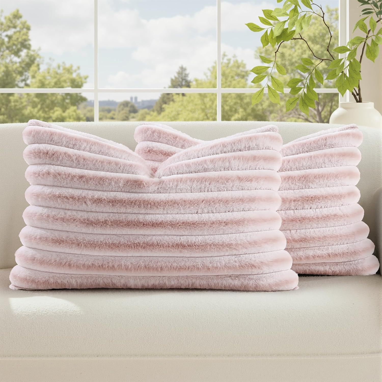 decorUhome Summer Cozy Faux Fur Throw Pillow Covers 12x20 Set of 2 Decorative Soft Plush Striped Lumbar Modern Farmhouse Boho Couch Pillow…