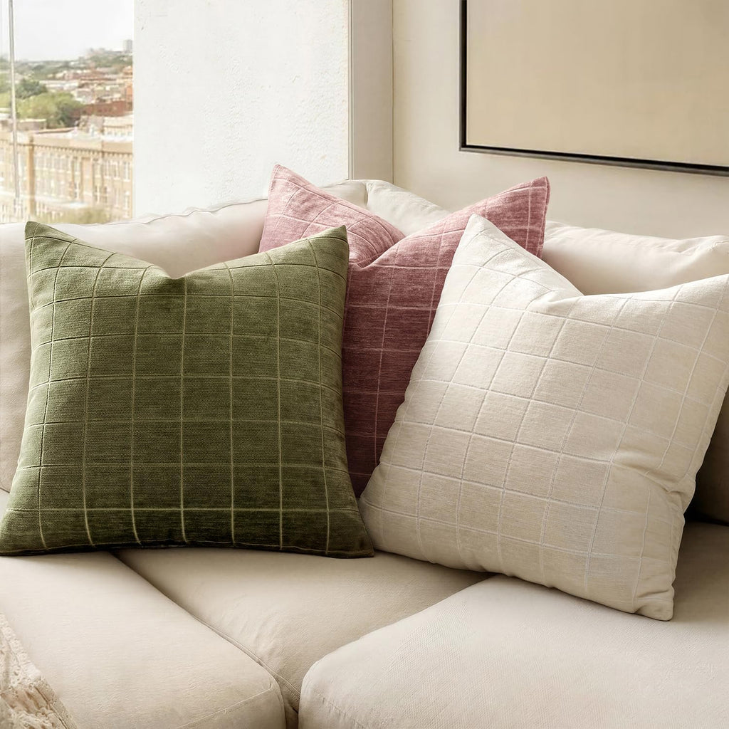 Miulee Decorative Chenille Check Throw Pillow Covers Vintage Plaid Couch Pillows 18x18 Inch Set of 2 Neutral Boho Farmhouse Cushion Covers…