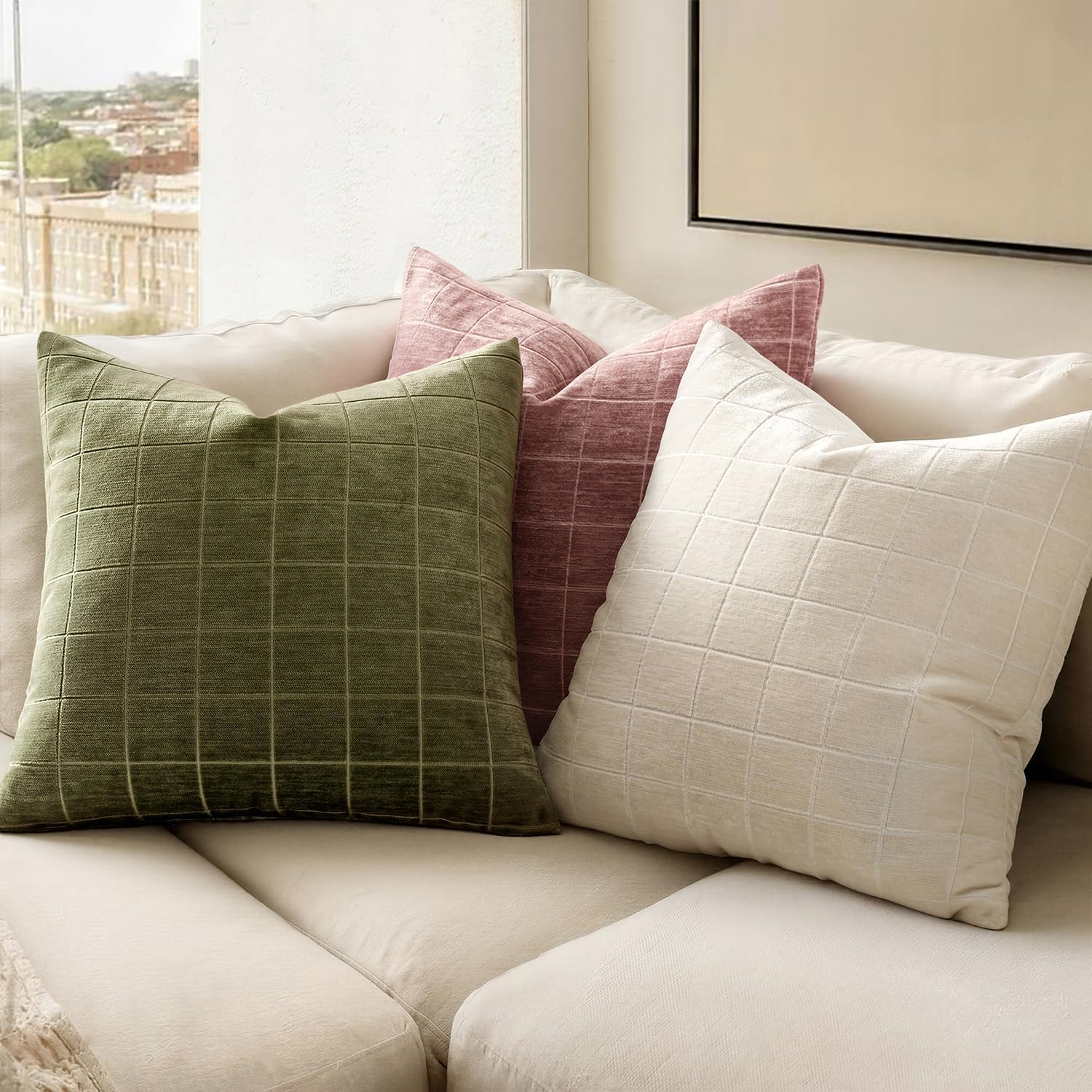 Miulee Decorative Chenille Check Throw Pillow Covers Vintage Plaid Couch Pillows 18x18 Inch Set of 2 Neutral Boho Farmhouse Cushion Covers…