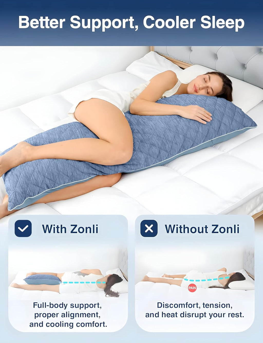 Zonli Cooling Body Pillow for Adults Side Sleeper & Pregnancy - Memory Foam Insert Long Body Pillow 20 x 54 Inch with Washable Pillowcase,…