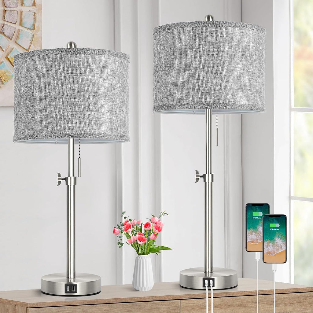 Silver Table Lamps Set of 2 for Living Room Bedroom, 23''-30'' Adjustable Height Bedside Lamps with 2 USB Ports, Industrial Nickle…